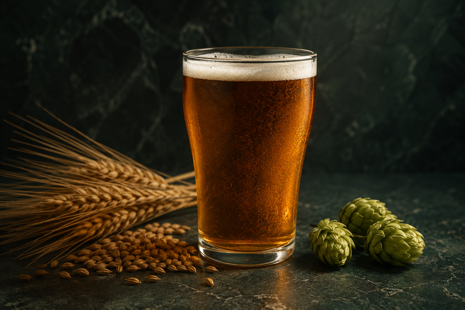 Birra ambrata, orzo e luppolo